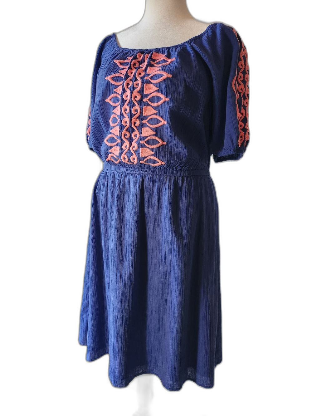 Talbots 100% Cotton Blue Gauze Boho Mini Dress with Peachy Embroidery